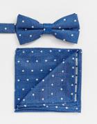 Twisted Tailor Bow Tie And Pocket Square In Blue Polka Dot