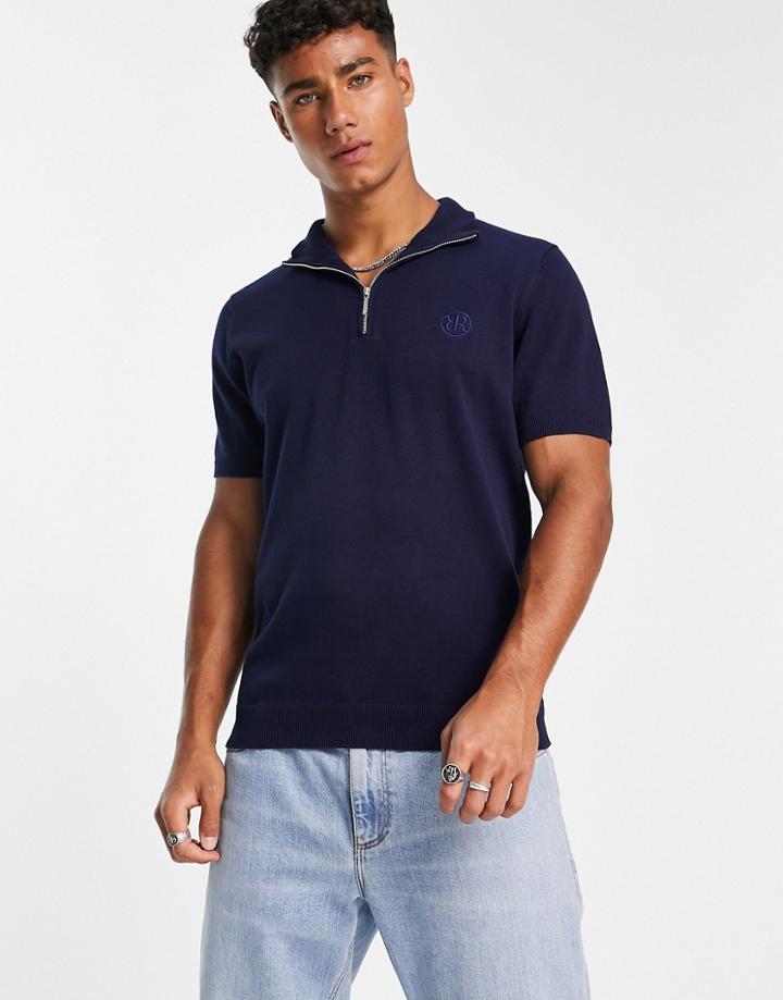 River Island Short Sleeve Funnel Neck Polo In Navy