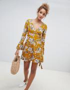 Qed London Floral Wrap Dress With Flare Sleeve - Yellow