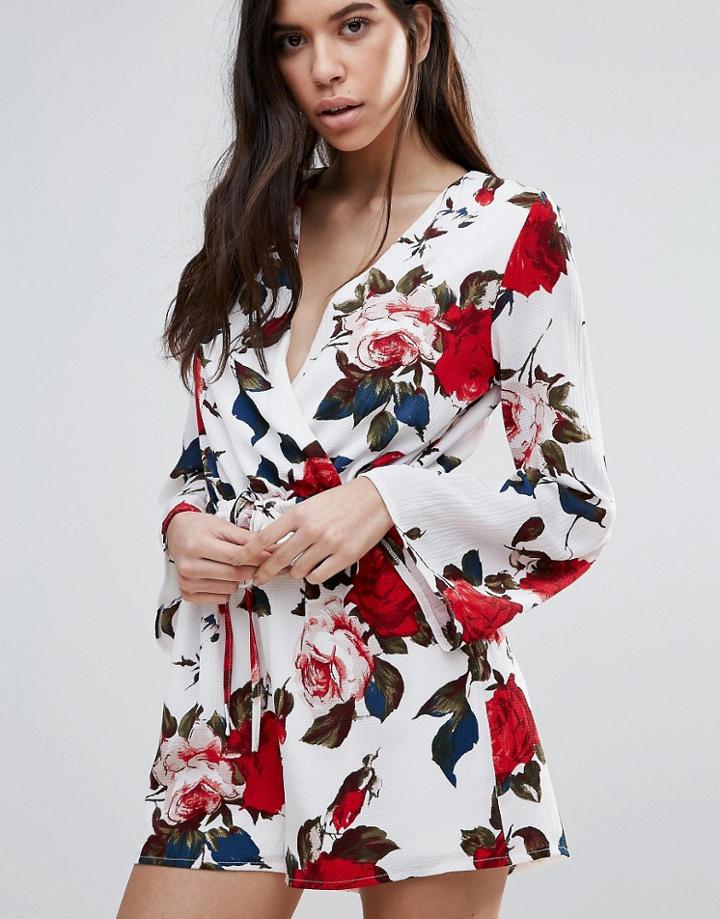 Parisian Floral Wrap Front Romper - White