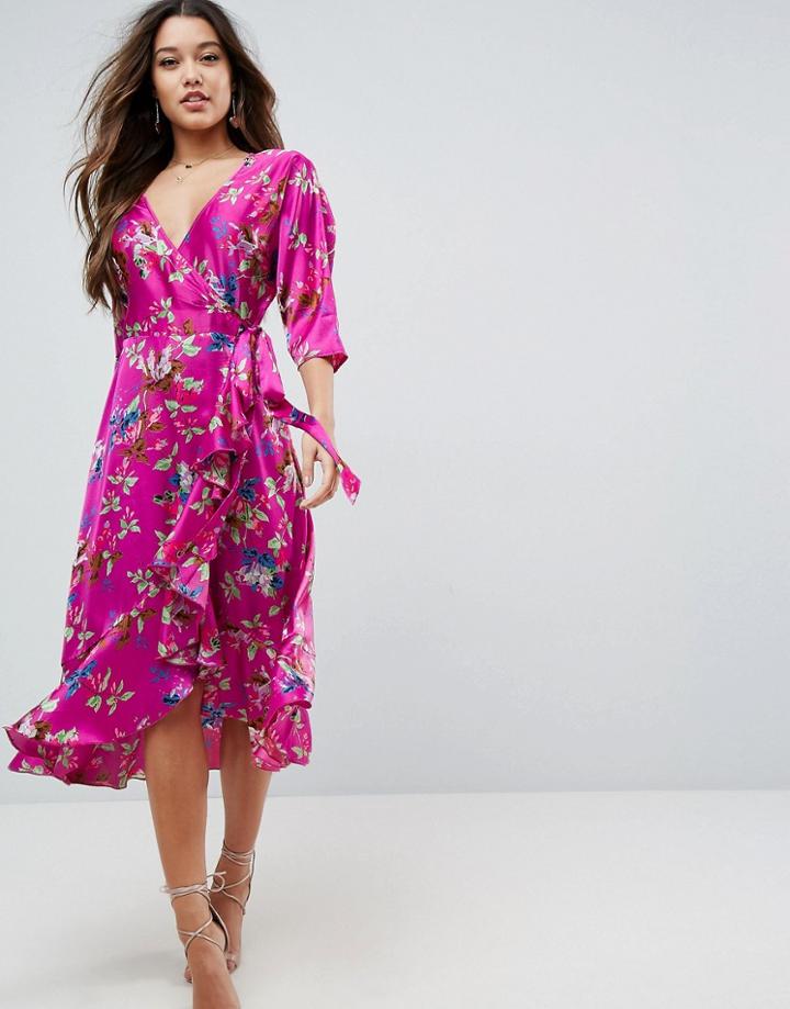 Asos Wrap Ruffle Midi Dress In Floral Print - Multi