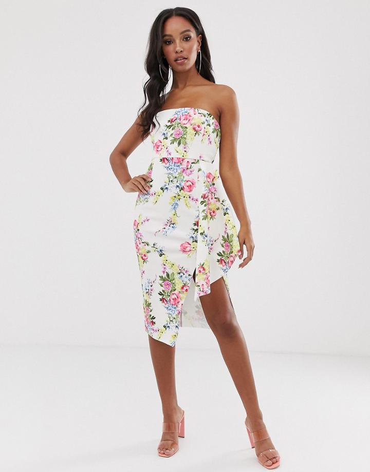 Asos Design Floral Bandeau Fold Midi Dress - White