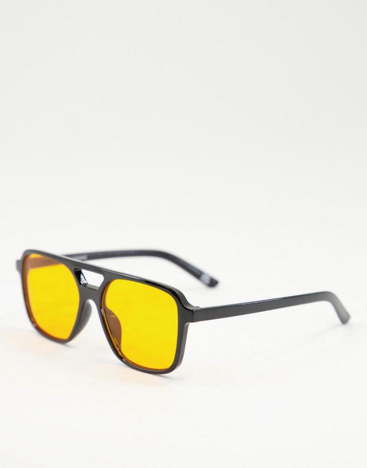 Asos Design Aviator Fashion Glasses In Black With Orange Lens