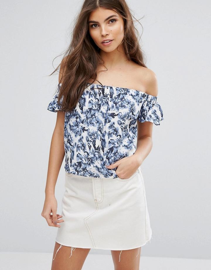 Unique21 Printed Crop Bardot Top - Blue