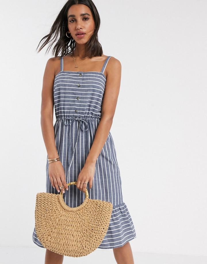 Vero Moda Midi Sundress With Tie Waist In Chambray Blue Stripe-multi