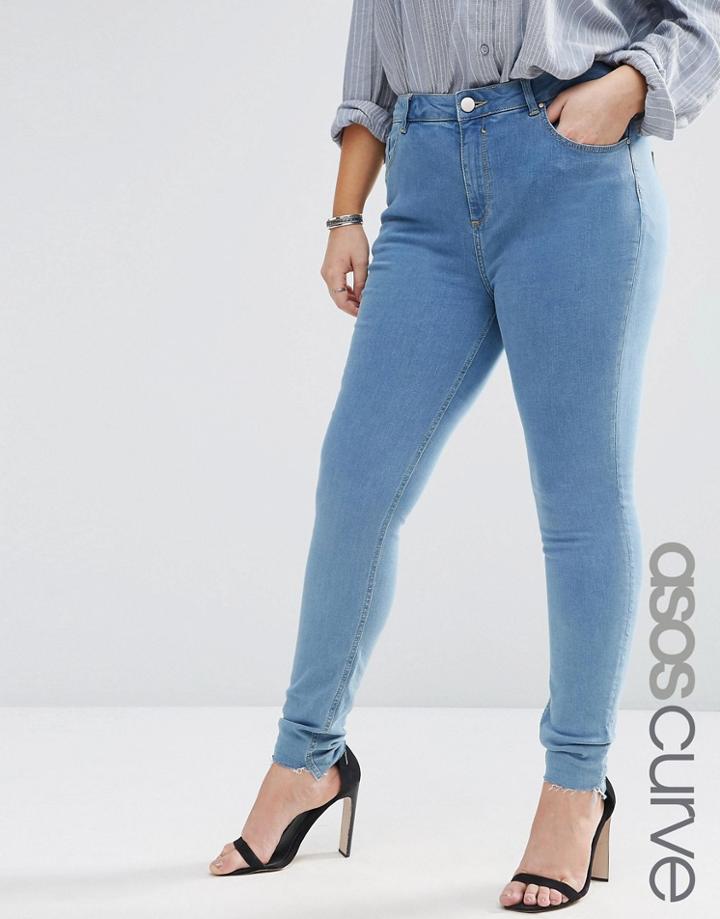 Asos Curve Lisbon Mid Rise Skinny Jean In Honey Light Wash With High Low Hem - Blue