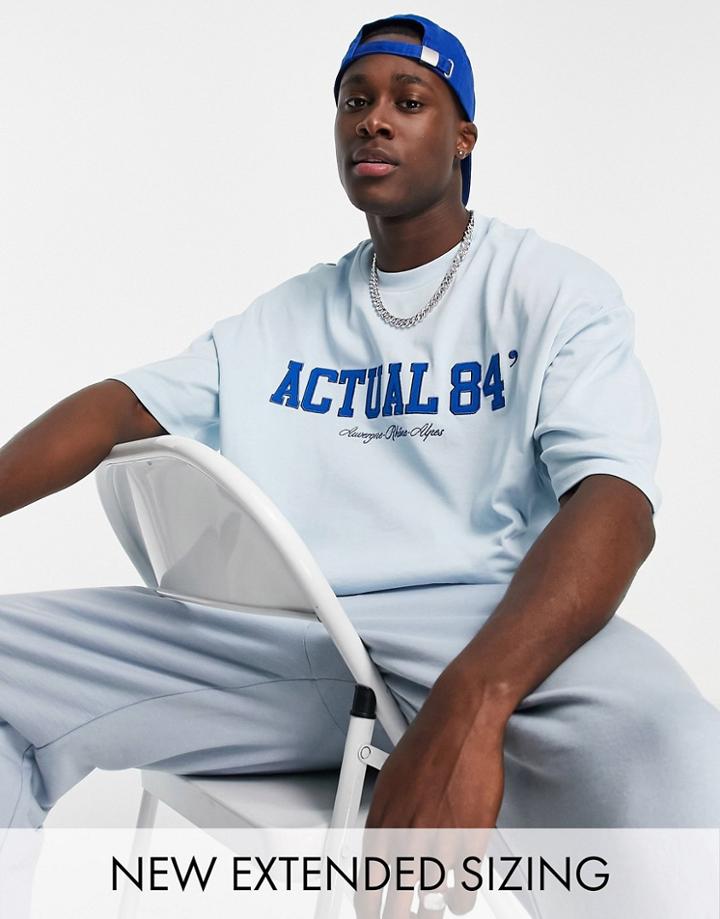 Asos Actual Oversized T-shirt In Heavyweight Jersey With Applique Logo In Light Blue-blues
