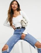 River Island Sweetheart Neck Long Sleeved Top In Ivory-white