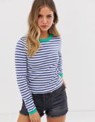 Brave Soul Eloise Long Sleeve T Shirt In Stripe With Contrast Rib - Navy