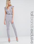 Little Mistress Tall Plunge Front Ruffle Jumpsuit With Embellished Waist - Gray