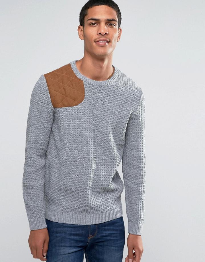 Asos Textured Crew Neck Sweater With Hunting Patch - Gray