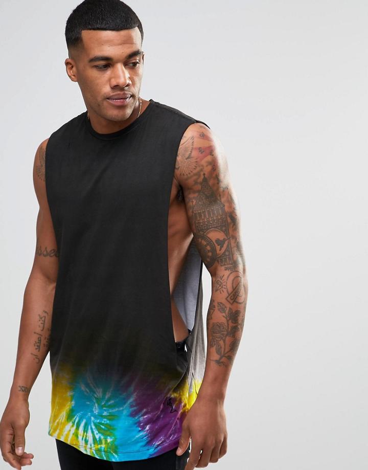 Religion Extreme Drop Armhole Tank With Tye Dye Contrast Hem - Black