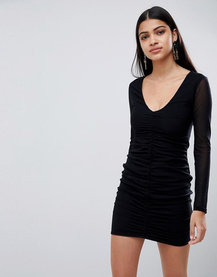 Lasula Ruched Front Bodycon Dress In Black-multi