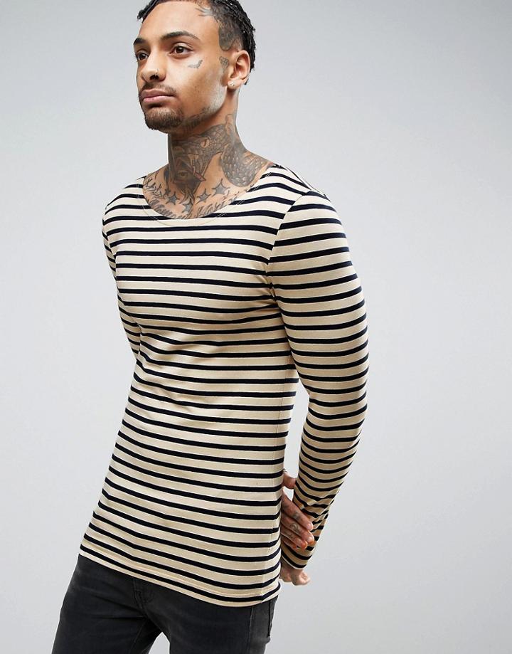 Asos Stripe Extreme Muscle Long Sleeve T-shirt With Boat Neck - White