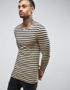 Asos Stripe Extreme Muscle Long Sleeve T-shirt With Boat Neck - White