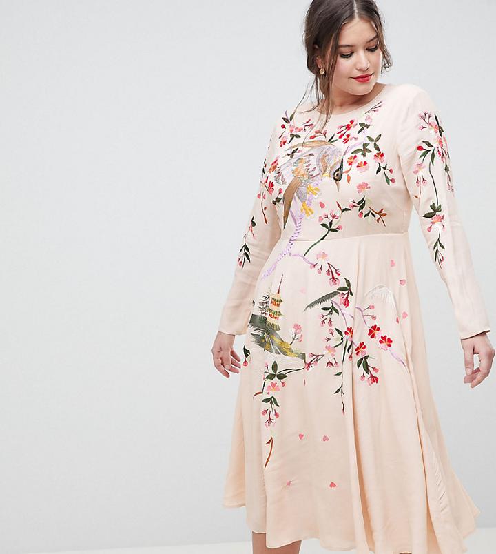 Asos Design Curve Midi Dress With Pretty Floral And Bird Embroidery - Pink