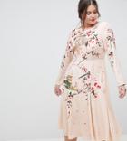 Asos Design Curve Midi Dress With Pretty Floral And Bird Embroidery - Pink