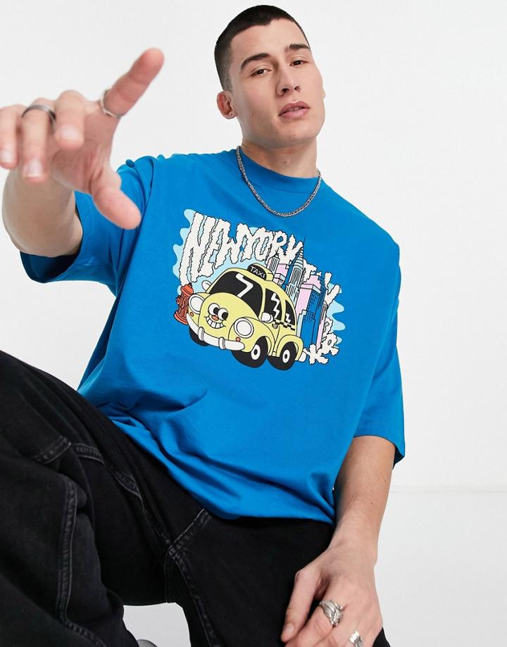 Asos Design Oversized T-shirt In Blue With Cartoon Car Print