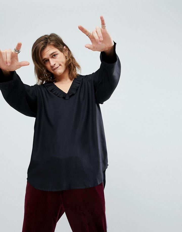 Asos Oversized Shirt With Ruffle Front - Black