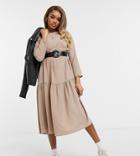 Asos Design Petite Long Sleeve Tiered Smock Midi Dress In Stone-neutral