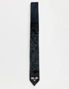 Asos Design Slim Tie In Crushed Velvet With Embroidery - Black