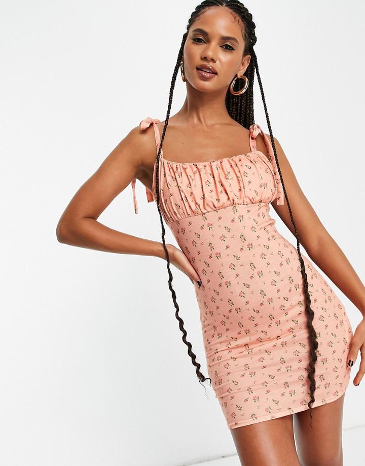 Missguided Gathered Bust Tie Shoulder Mini Dress In Peach-orange