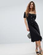 Asos Button Through Off Shoulder Midi Dress - Black