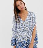 Parisian Tall Long Sleeve Romper In Floral Border Print - Blue