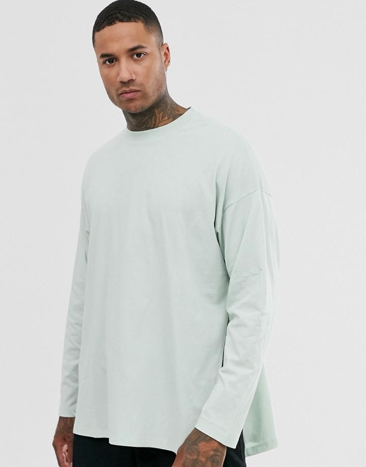 Asos Design Oversized Long Sleeve T-shirt With Extreme Side Splits In Pale Green