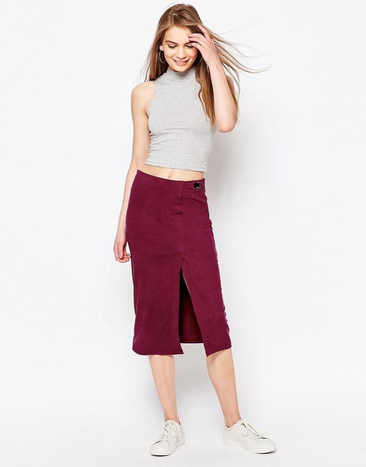 Daisy Street Wrap Front Skirt In Suedette - Wine