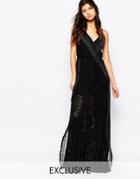 White Sand Wrap Front Cami Strap Crochet Maxi Dress With Fringing - Black