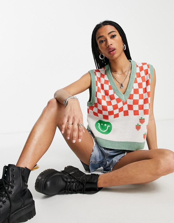 Only Lightweight Knit Sweater Vest In Checkerboard & Strawberry Print-multi