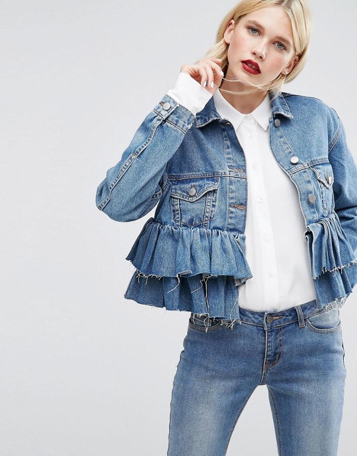 Asos Denim Crop Jacket With Ruffle Hem In Midwash Blue - Blue