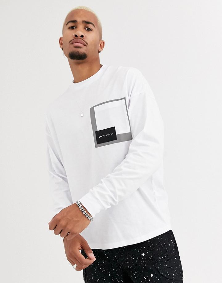 Asos Design Heavyweight Oversized Long Sleeve T-shirt With Reflective Utility Pocket And Unrivalled Supply Logo-white