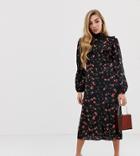 Fashion Union Button Through Midi Shirt Dress With Ruffle Bib In Floral Print-black