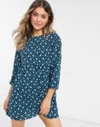 Asos Design Long Sleeve Smock Mini Dress In Floral Dot-multi