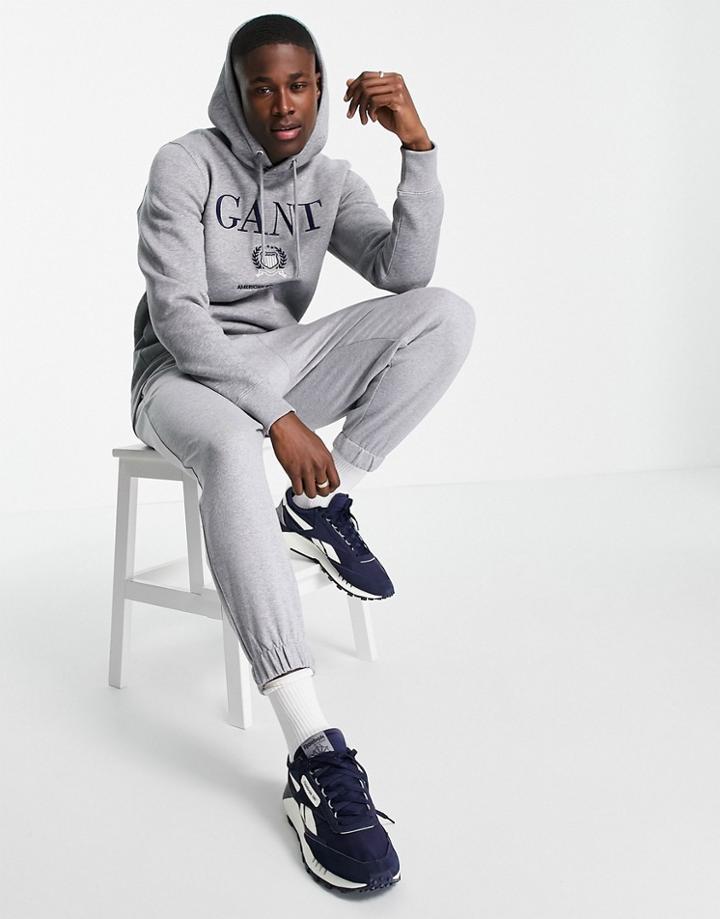 Gant Crest Embroidered Logo Hoodie In Gray Heather-grey