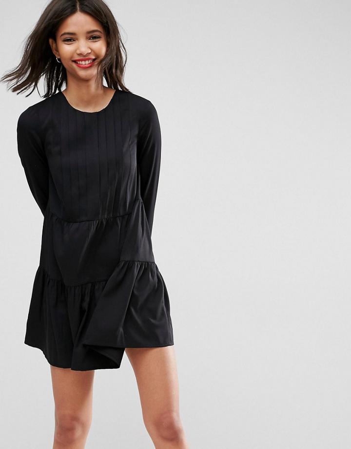 Asos Pleated Front Tiered Hem Shift Mini Dress - Black