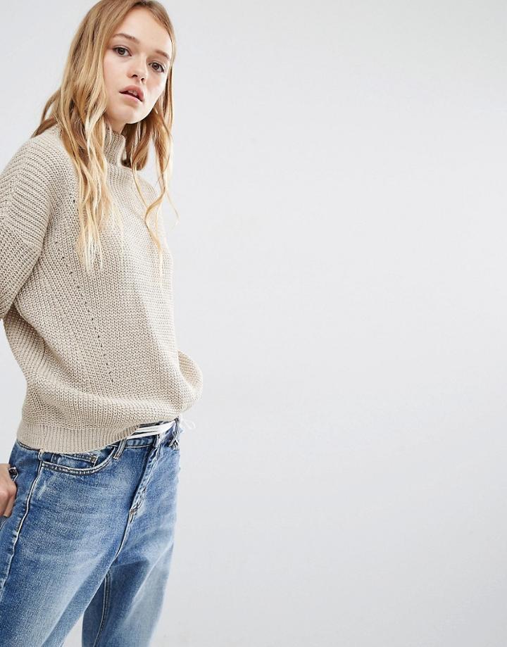 Daisy Street High Neck Sweater In Sparkle Knit - Beige