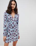 Asos Design Mini Plisse Tea Dress With Deep Waistband In Floral Print-multi