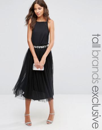 Maya Tall Sequin Tulle Midi Skirt With Embellished Waist - Black