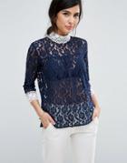 Closet London Lace Top With Contrast Collar - Navy