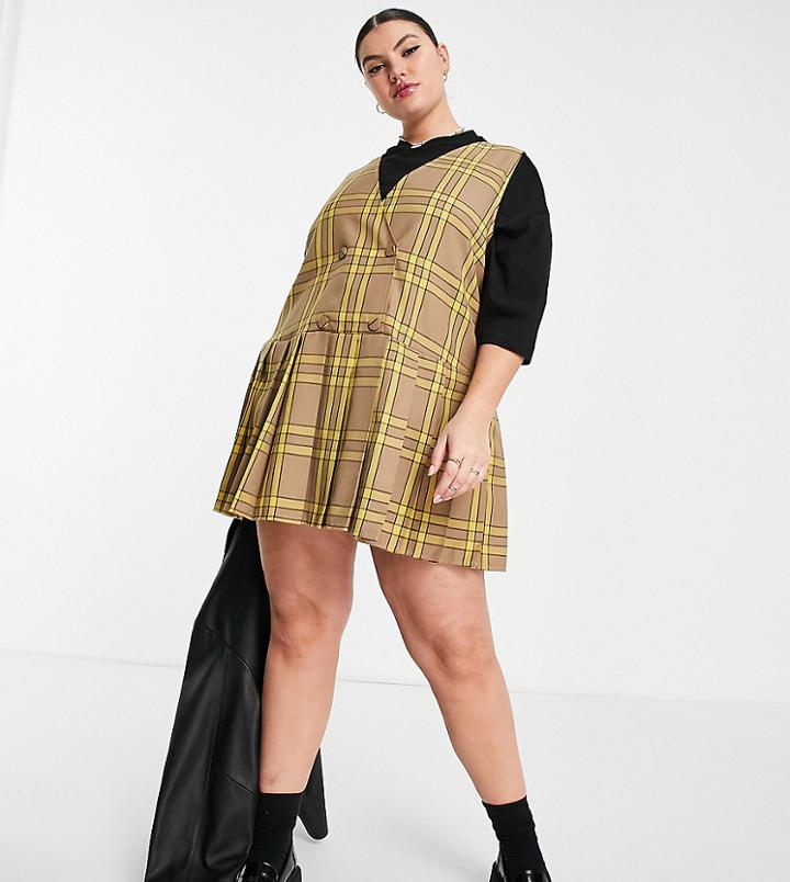 Collusion Plus Check Pinafore Mini Dress In Brown