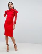 Asos Premium Midi Pencil Dress With Mesh And Frill Details - Red
