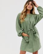 Asos Design Mini Utility Shirt Dress With Drawstring Waist-green