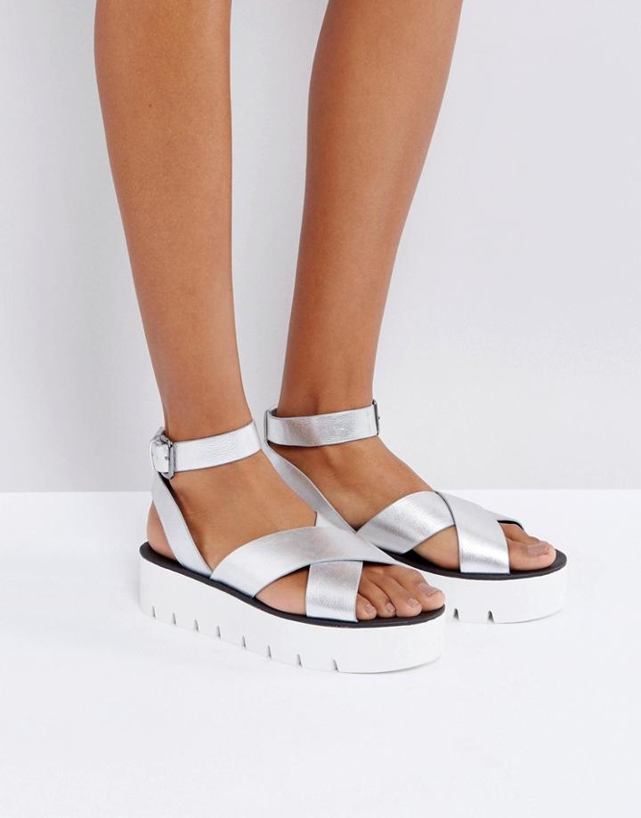 Bershka Metallic Strappy Flatform Sandals - Silver