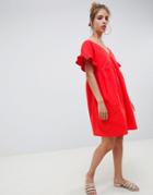 Asos Design V Front V Back Cotton Smock Mini Dress - Red