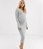 Asos Design Maternity Pleat Detail Knit Midi Dress With Deep V-gray