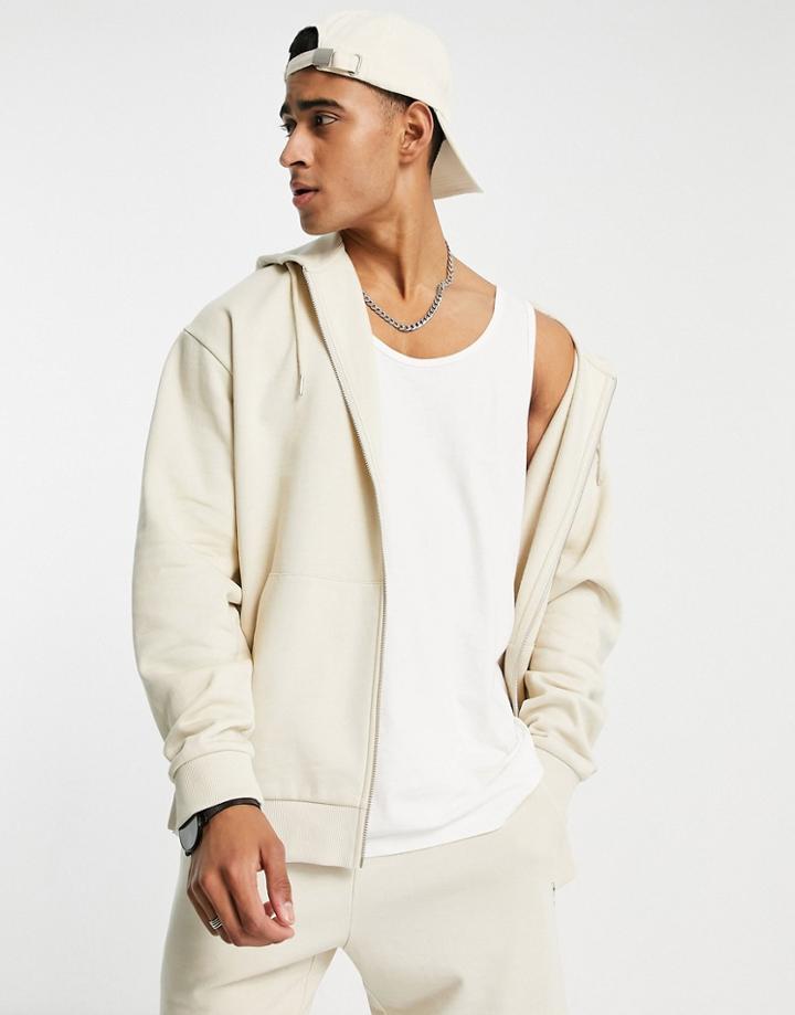 Asos Design Oversized Zip Up Hoodie In Beige-neutral