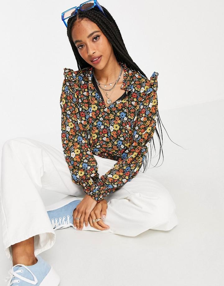 Object Fleur Volume Sleeve Blouse In Multi-black